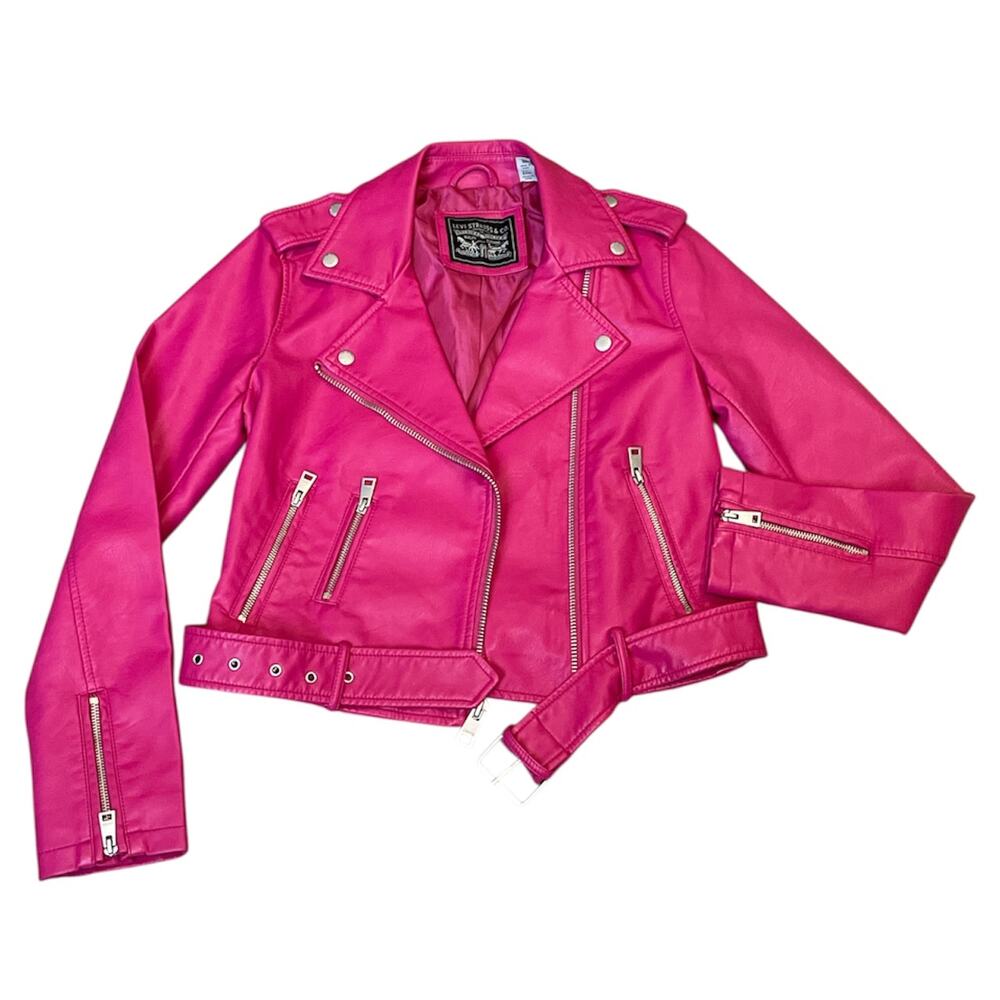 Levi’s Hot Pink Faux Leather Moto Biker Jacket Belted XS NWT - Picture 3 of 10